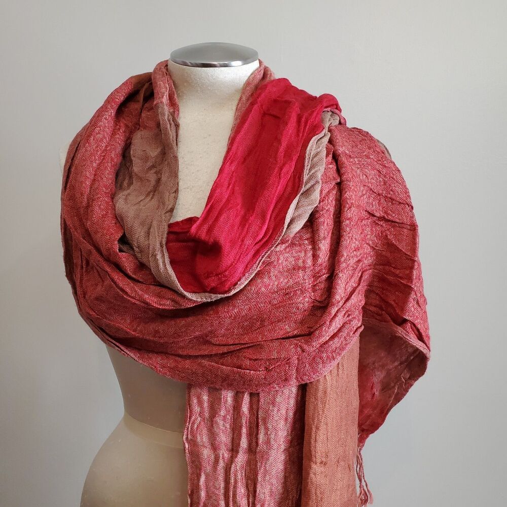 Vivante Scarf Shawl Wrap Orange Red Beige Crinkle Fringe 21x71" Gauzy Boho Fest